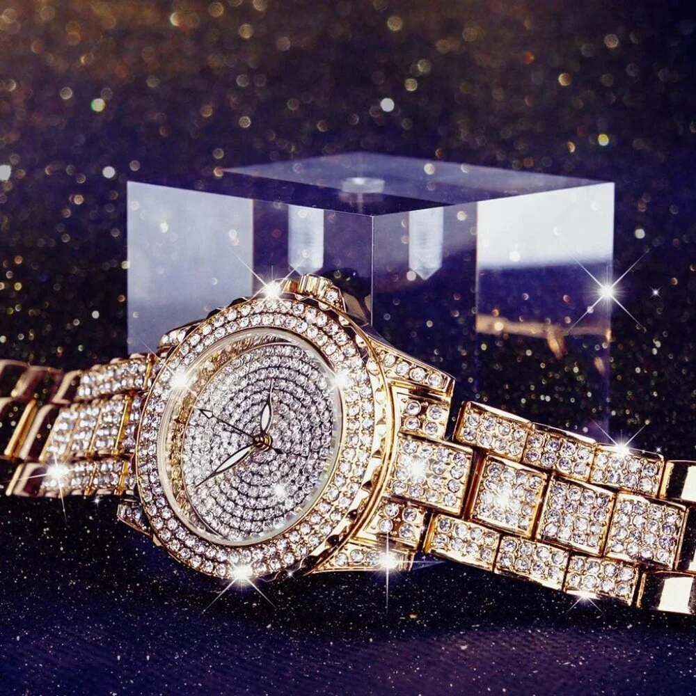 Women's Gold Crystal Rhinestone Diamond Stainless Steel Iced Out Wristwatch